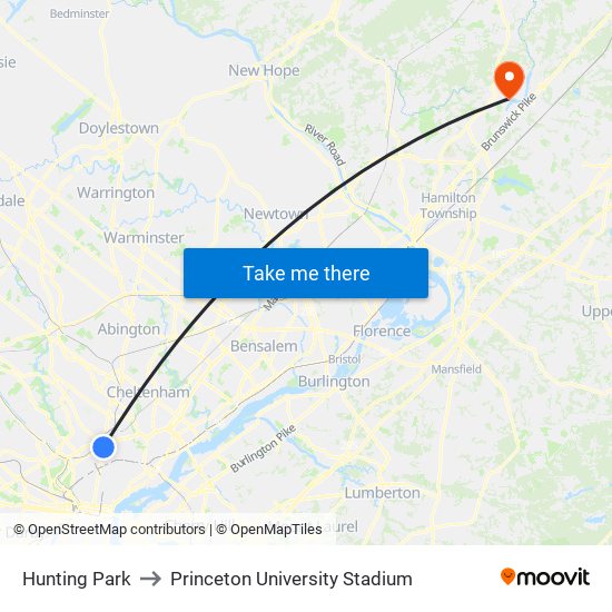 Hunting Park to Princeton University Stadium map