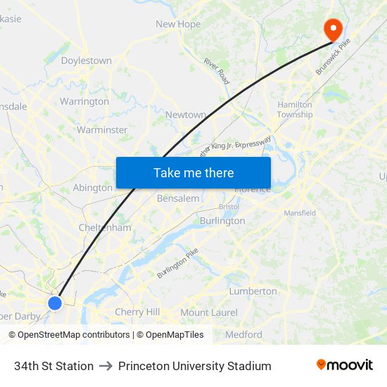 34th St Station to Princeton University Stadium map