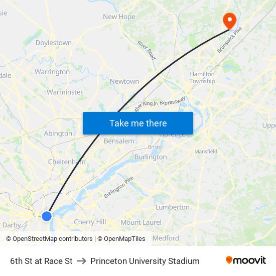 6th St at Race St to Princeton University Stadium map