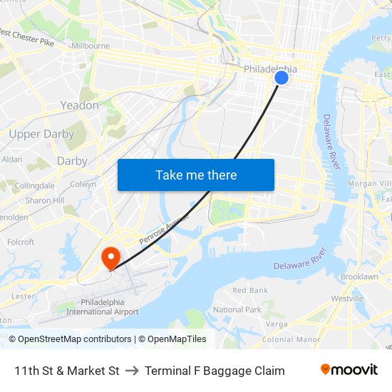 11th St & Market St to Terminal F Baggage Claim map