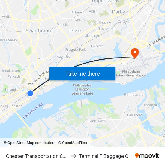 Chester Transportation Center to Terminal F Baggage Claim map