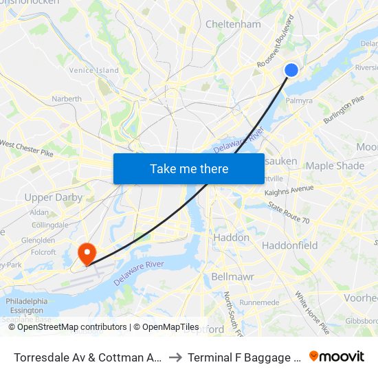 Torresdale Av & Cottman Av Loop to Terminal F Baggage Claim map