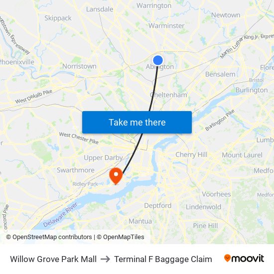 Willow Grove Park Mall to Terminal F Baggage Claim map