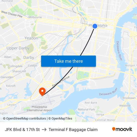 JFK Blvd & 17th St to Terminal F Baggage Claim map