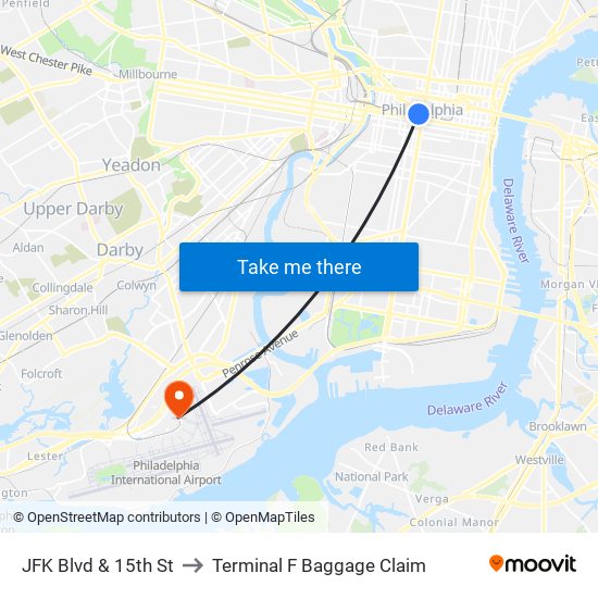 JFK Blvd & 15th St to Terminal F Baggage Claim map