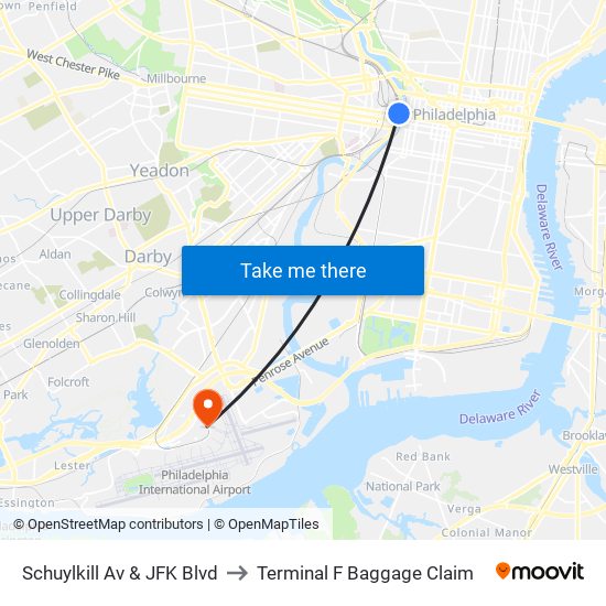 Schuylkill Av & JFK Blvd to Terminal F Baggage Claim map