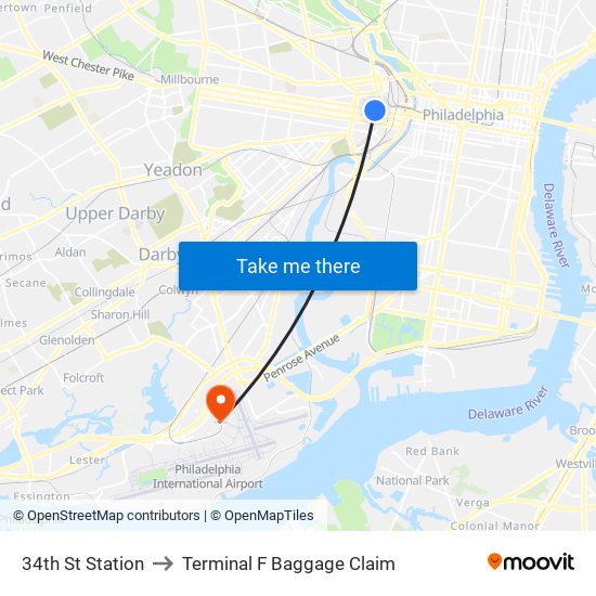 34th St Station to Terminal F Baggage Claim map