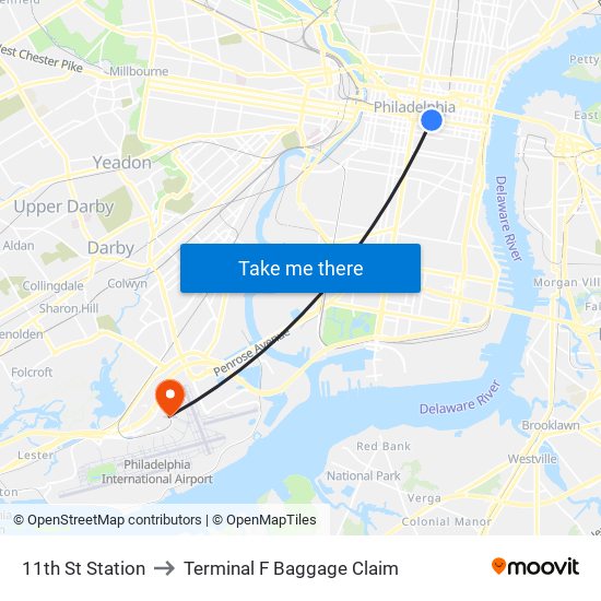 11th St Station to Terminal F Baggage Claim map