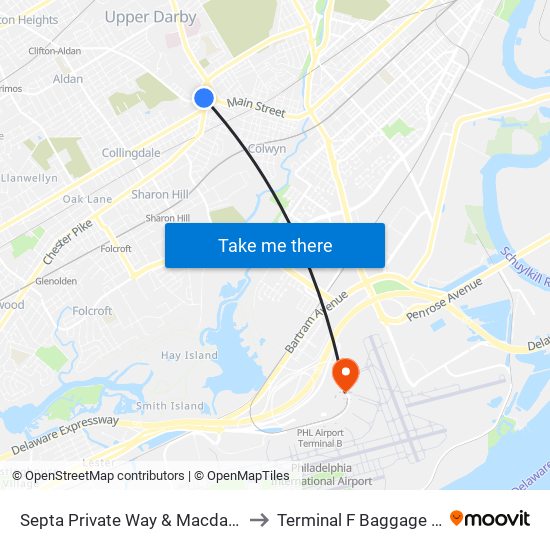 Septa Private Way & Macdade Blvd to Terminal F Baggage Claim map