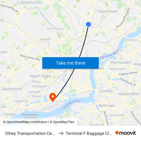 Olney Transportation Center to Terminal F Baggage Claim map