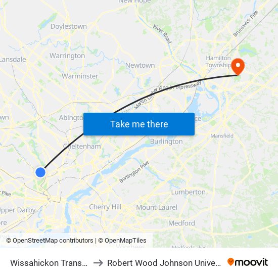 Wissahickon Transportation Center to Robert Wood Johnson University Hospital Hamilton map