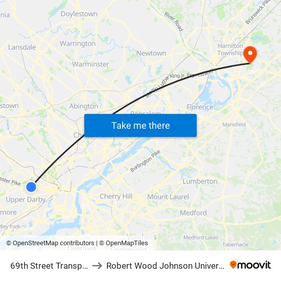 69th Street Transportation Center to Robert Wood Johnson University Hospital Hamilton map