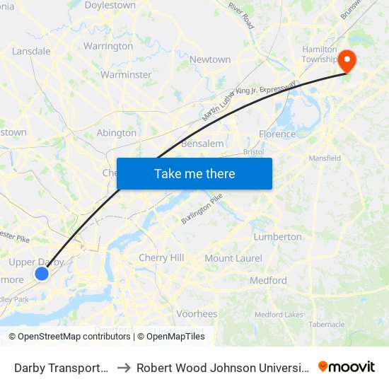 Darby Transportation Center to Robert Wood Johnson University Hospital Hamilton map