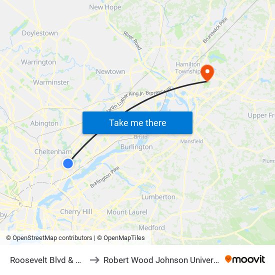 Roosevelt Blvd & Cottman Av - FS to Robert Wood Johnson University Hospital Hamilton map