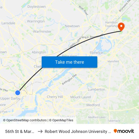 56th St & Market St - Fs to Robert Wood Johnson University Hospital Hamilton map