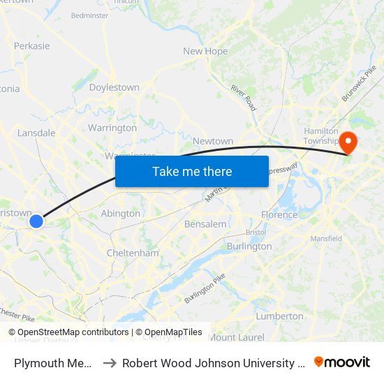 Plymouth Meeting Mall to Robert Wood Johnson University Hospital Hamilton map