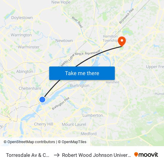 Torresdale Av & Cottman Av Loop to Robert Wood Johnson University Hospital Hamilton map