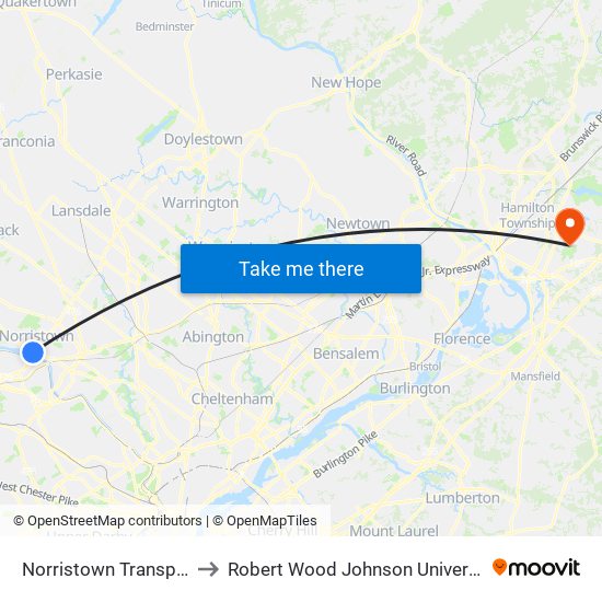 Norristown Transportation Center to Robert Wood Johnson University Hospital Hamilton map