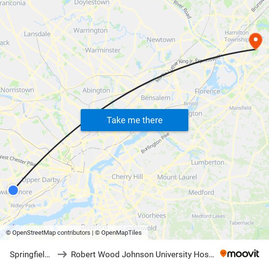 Springfield Mall to Robert Wood Johnson University Hospital Hamilton map