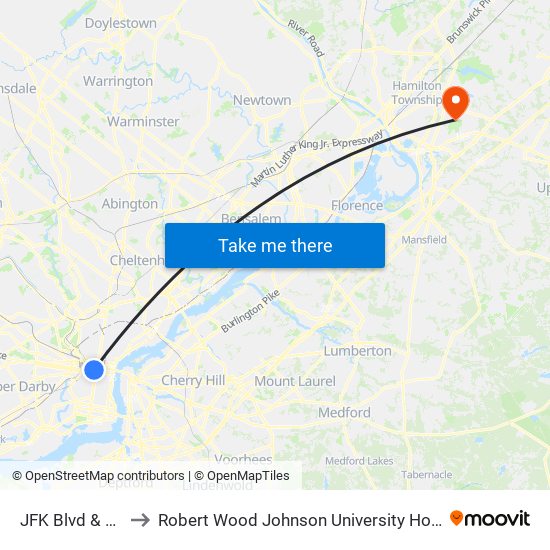 JFK Blvd & 17th St to Robert Wood Johnson University Hospital Hamilton map