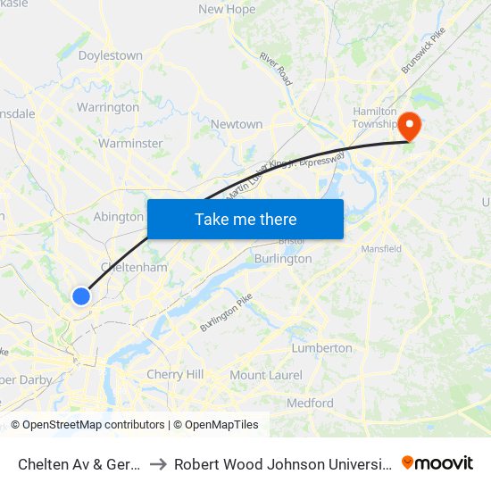Chelten Av & Germantown Av to Robert Wood Johnson University Hospital Hamilton map