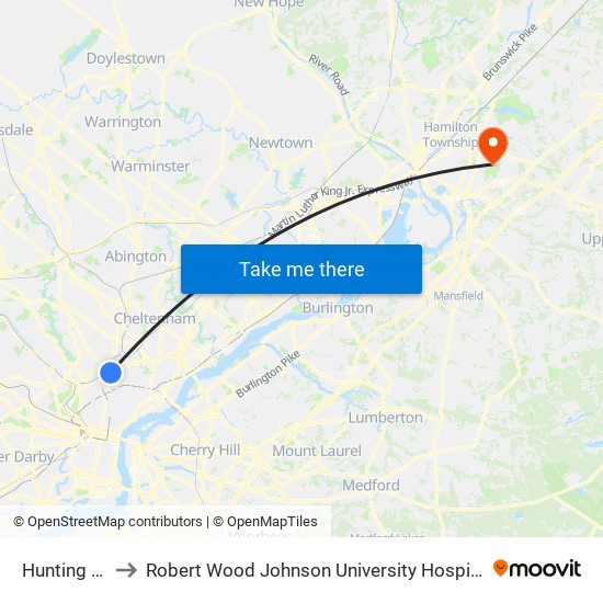 Hunting Park to Robert Wood Johnson University Hospital Hamilton map