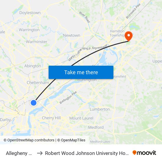 Allegheny Station to Robert Wood Johnson University Hospital Hamilton map