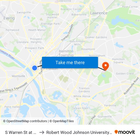 S Warren St at W State St to Robert Wood Johnson University Hospital Hamilton map
