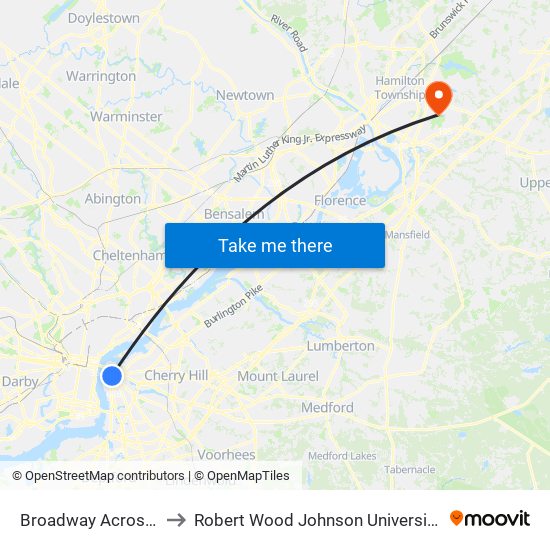 Broadway Across From Wrtc to Robert Wood Johnson University Hospital Hamilton map