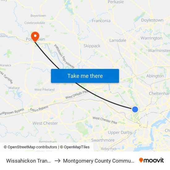 Wissahickon Transportation Center to Montgomery County Community College - West Campus map