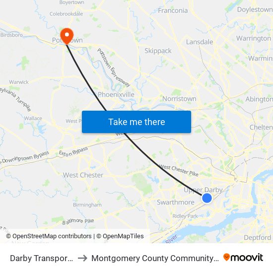 Darby Transportation Center to Montgomery County Community College - West Campus map