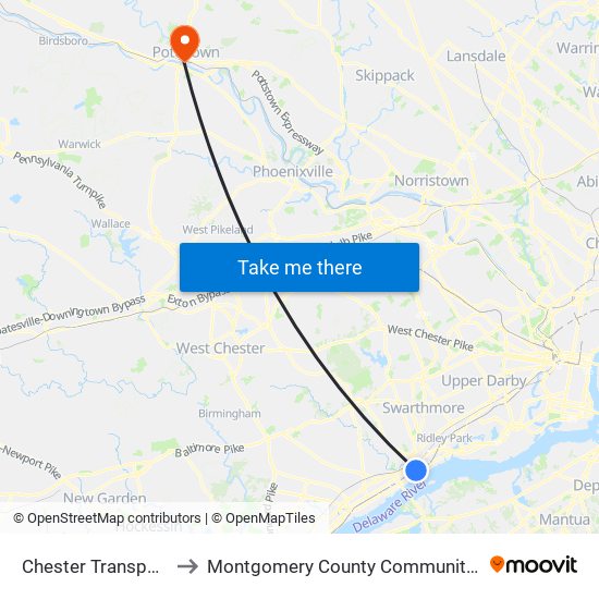 Chester Transportation Center to Montgomery County Community College - West Campus map