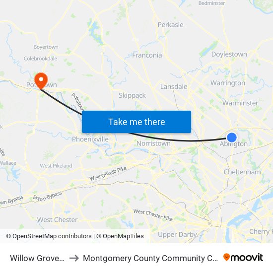 Willow Grove Park Mall to Montgomery County Community College - West Campus map