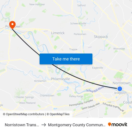 Norristown Transportation Center to Montgomery County Community College - West Campus map