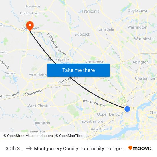 30th Street to Montgomery County Community College - West Campus map