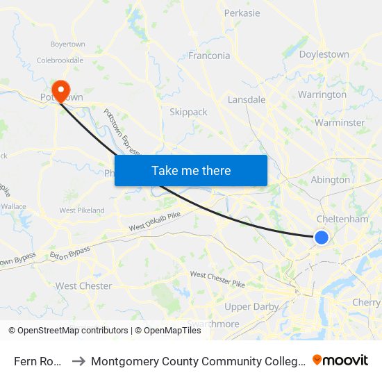 Fern Rock T C to Montgomery County Community College - West Campus map