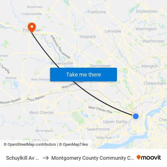 Schuylkill Av & JFK Blvd to Montgomery County Community College - West Campus map