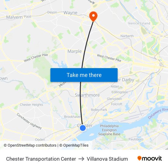 Chester Transportation Center to Villanova Stadium map