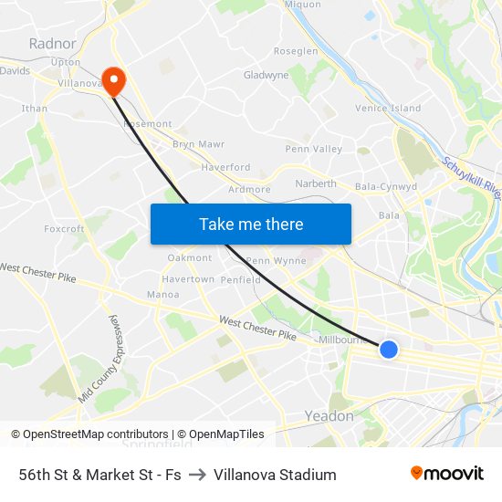 56th St & Market St - Fs to Villanova Stadium map