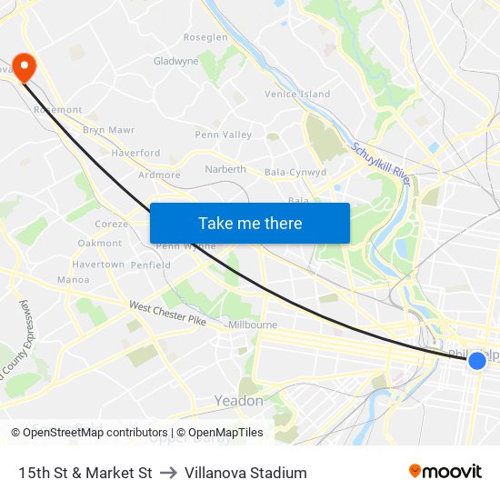 15th St & Market St to Villanova Stadium map