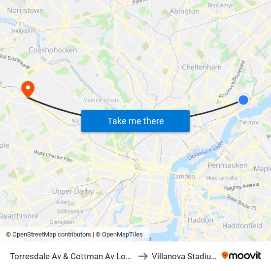 Torresdale Av & Cottman Av Loop to Villanova Stadium map