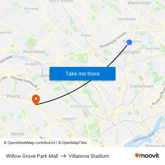 Willow Grove Park Mall to Villanova Stadium map