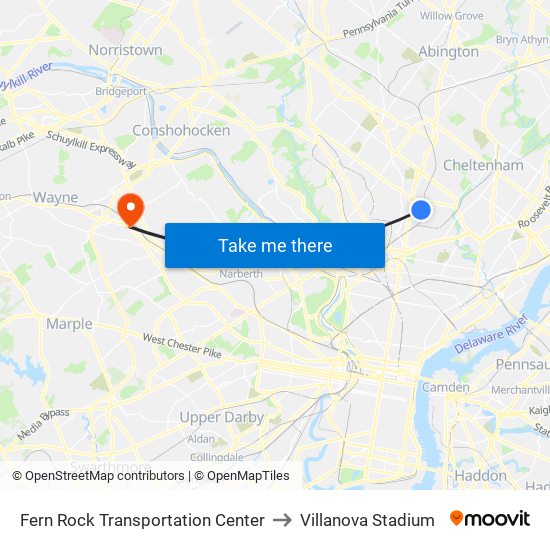Fern Rock Transportation Center to Villanova Stadium map