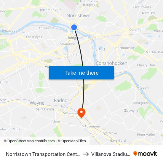 Norristown Transit Center to Villanova Stadium map
