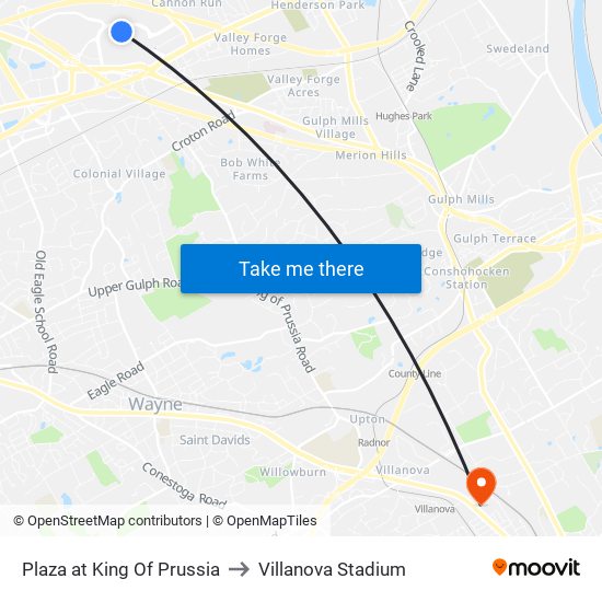 Plaza at King Of Prussia to Villanova Stadium map