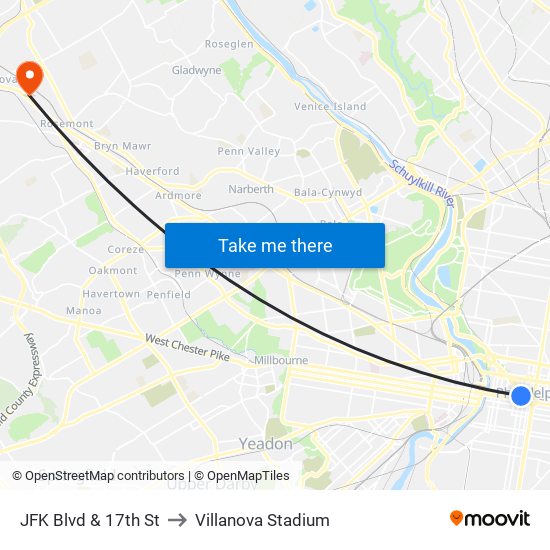 JFK Blvd & 17th St to Villanova Stadium map