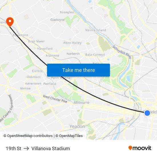 19th St to Villanova Stadium map