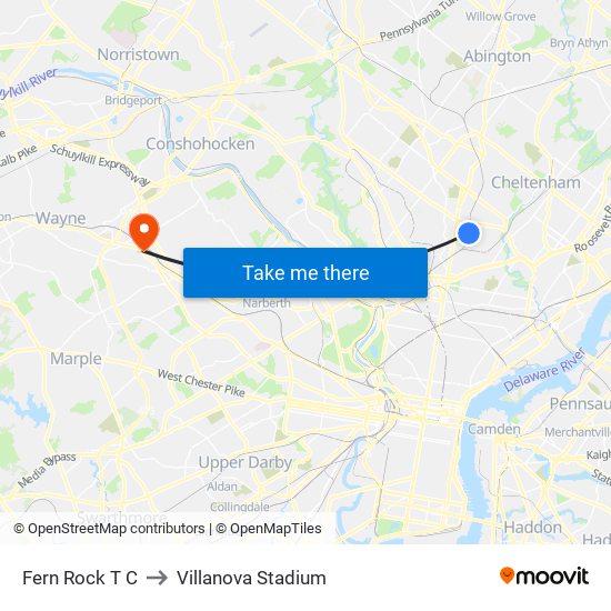 Fern Rock T C to Villanova Stadium map