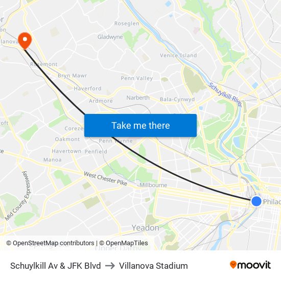 Schuylkill Av & JFK Blvd to Villanova Stadium map