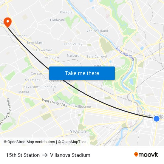 15th St Station to Villanova Stadium map